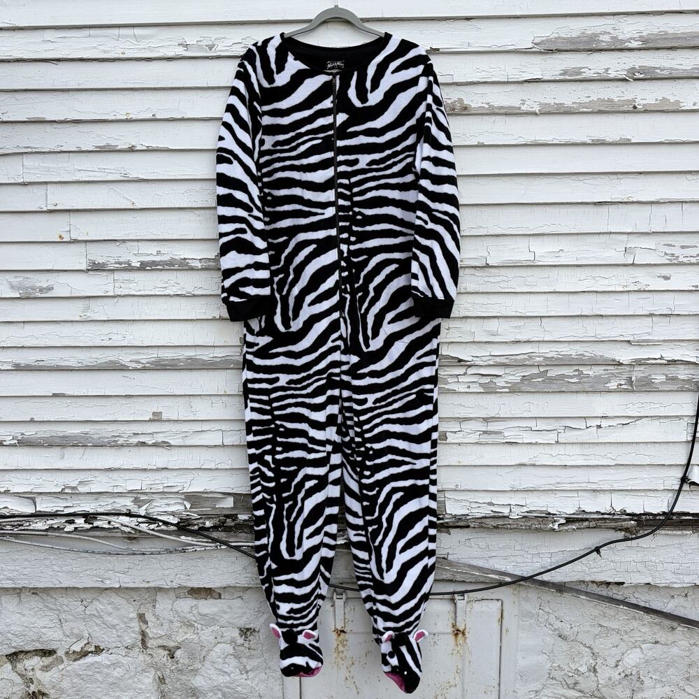 Nick & Nora Womens Footie One Piece Pajamas Black White Zebra Print Pockets L